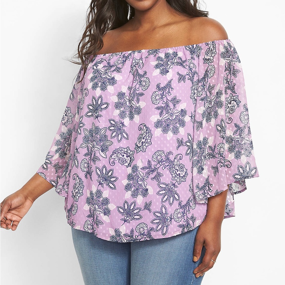 Lane Bryant Off the Shoulder 14/16 Floral Peasant Top Purple Flowy Boho Paisley
